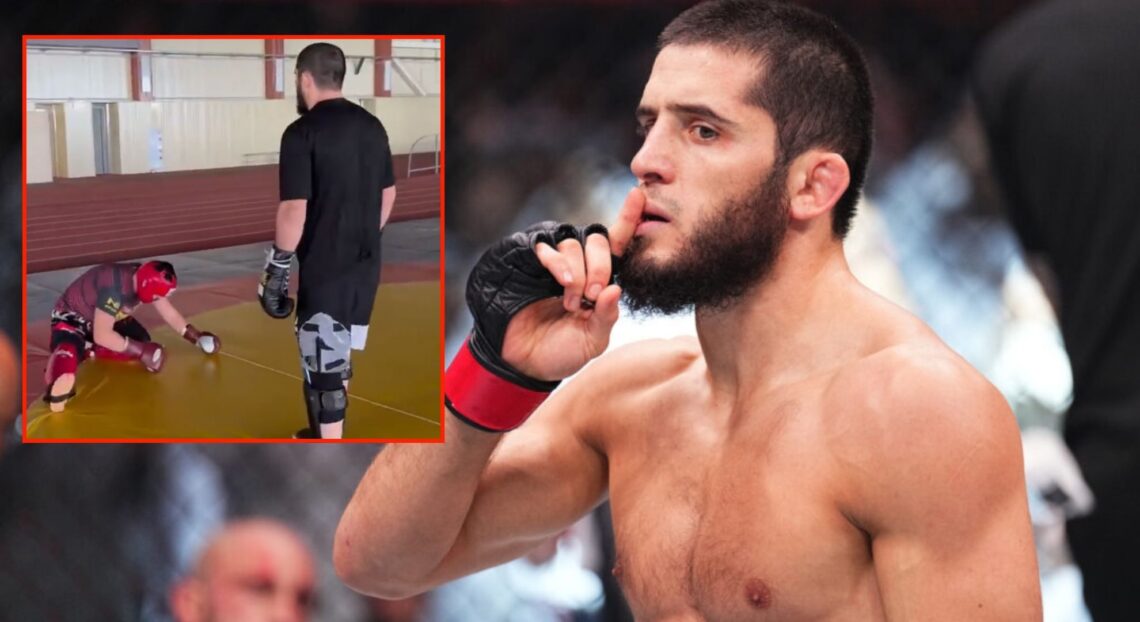 Islam Makhachev shushes the UFC 294 crowd, inset of him dropping a sparring partner