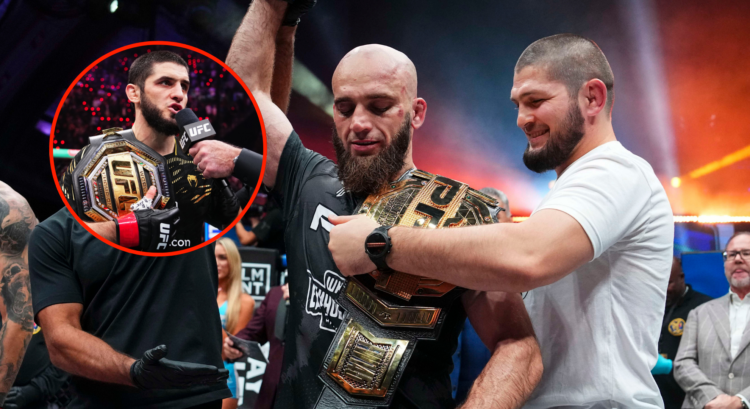 Movlid Khaybulaev celebrates with Khabib Nurmgamedov after winning the 2025 PFL World Tournament. Bubble shows Islam Makhachev with his UFC belt do...