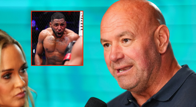 Dana White speaks with Laura Sanko after DWCS Episode 1, inset Neemias Santana in the cage during his fight with Ilian Bouafia