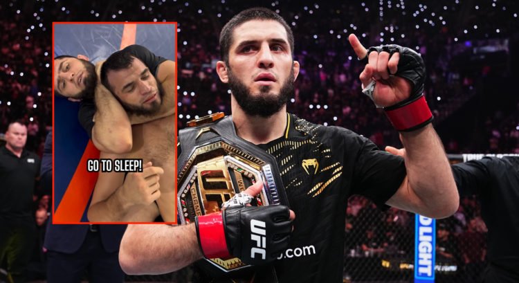 Islam Makhachev pointing to the sky while holding his UFC belt (main). Makhachev choking out a teammate in training (block)