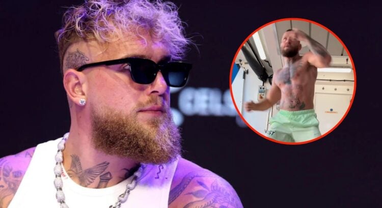 Jake Paul looks on during press conference ahead of fight against Julio Cesar Chavez Jr, inset screenshot of Conor McGregor shadowboxing