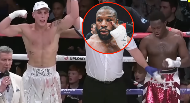 Jake Paul has his hand raised after defeating Deji. Bubble shows Floyd Mayweather with his injured eye after fighting Deji four years later