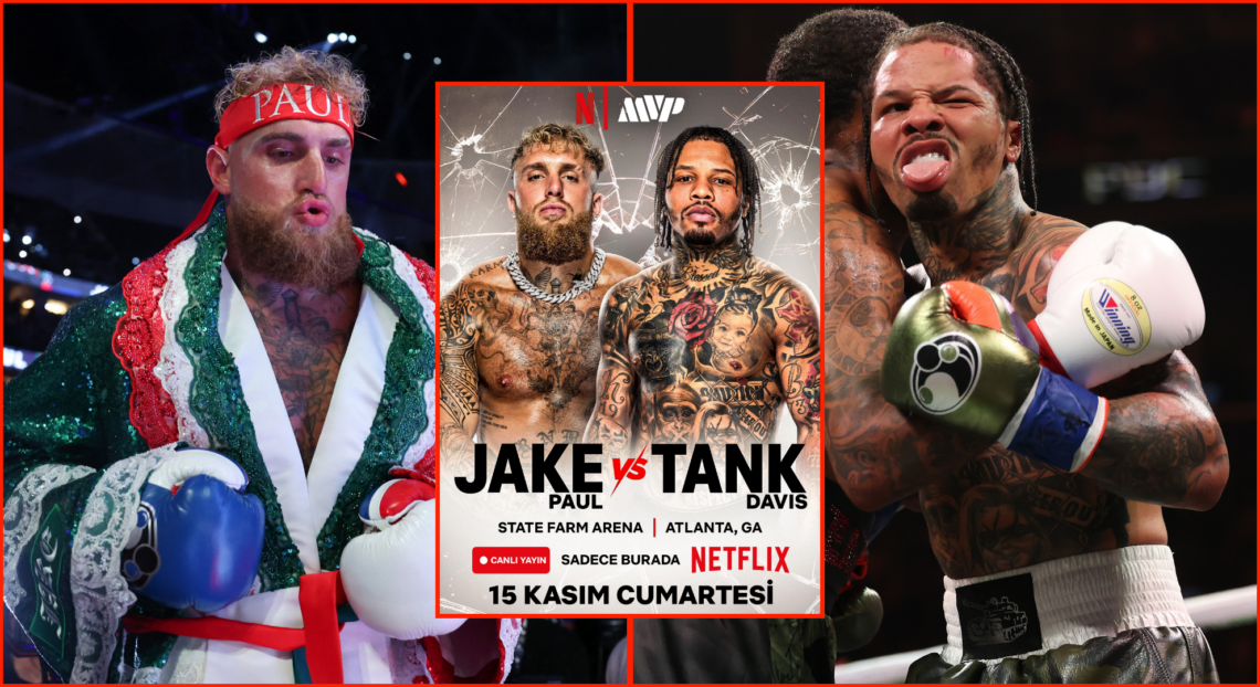 Left shows Jake Paul in a Mexican themed robe entering the ring, right shows Gervonta Davis with his tongue out during a clinch, middle shows an al...