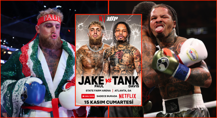 Left shows Jake Paul in a Mexican themed robe entering the ring, right shows Gervonta Davis with his tongue out during a clinch, middle shows an al...