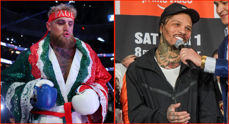 Jake Paul entering the ring in a Mexican-themed boxing outfit. Gervonta Davis giving an interview