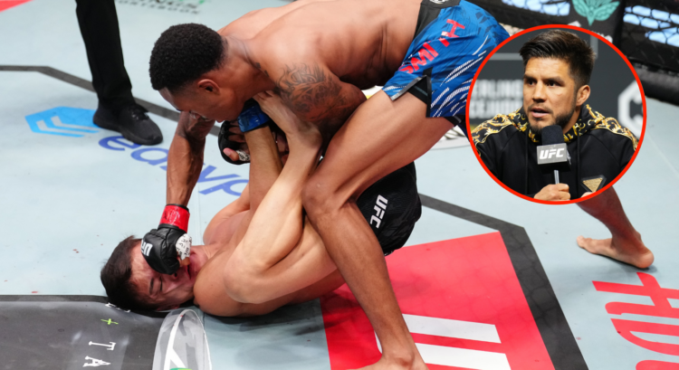 Elijah Smith punches opponent Toshiomi Kazama during their fight at UFC Vegas 109, inset Henry Cejudo at the UFC 288 pre-fight press conference