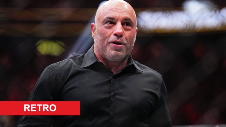 Joe Rogan inside the cage with retro label