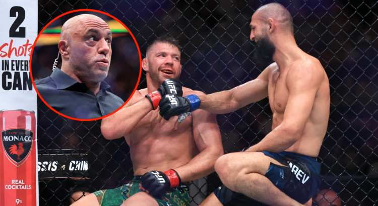 Dricus Du Plessis and Khamzat Chimaev touch gloves between rounds, bubble photo shows Joe Rogan looking shocked by what he is looking at off camera
