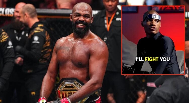Jon Jones celebrates his UFC 309 win, inset screenshot of Death Sentence calling out the UFC legend