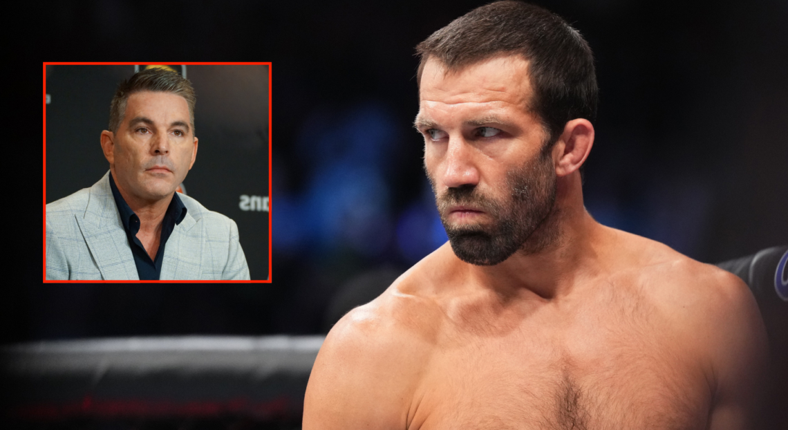 Luke Rockhold stares down Paulo Costa just before their fight at UFC 278, inset BKFC president David Feldman at a 2023 press conference