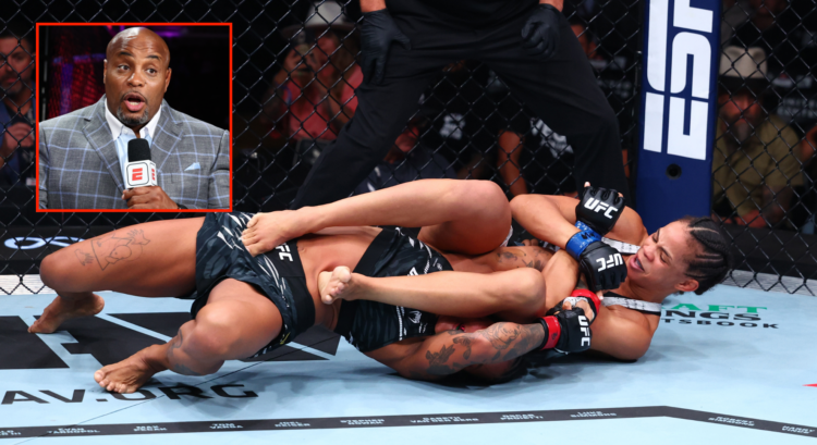 Dione Barbosa attempts to submit Karine Silva during their fight at UFC 319, inset Daniel Cormier commentating cageside