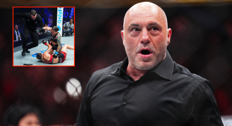 Joe Rogan reacts just minutes after Max Holloway's knockout at UFC 300, inset Liz Carmouche punching Jena Bishop