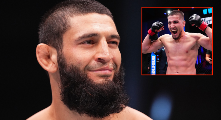 Khamzat Chimaev enters the Octagon prior to his fight at UFC 294, inset Baysangur Susurkaev after his win on Dana White's Contender Series