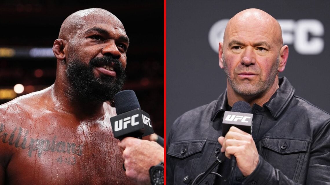 Split image of Jon Jones and Dana White talking into UFC microphones