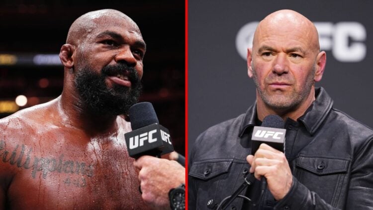 Split image of Jon Jones and Dana White talking into UFC microphones