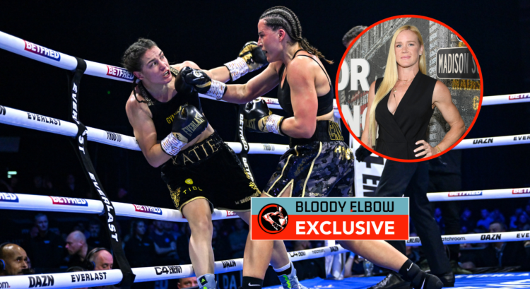 Main photo shows Chantelle Cameron punching Katie Taylor. Bubble shows Holly Holm on a Netflix red carpet