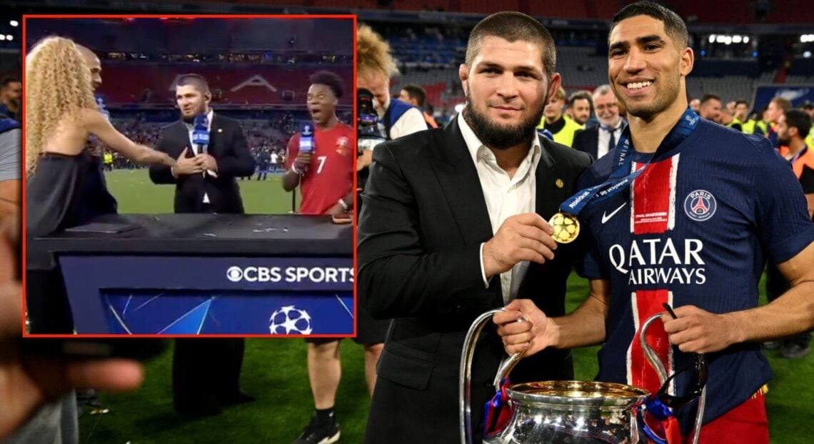 Khabib Nurmagomedov celebrates PSG's Champion League win, inset screenshot of him refusing to shake hands with a female reporter.