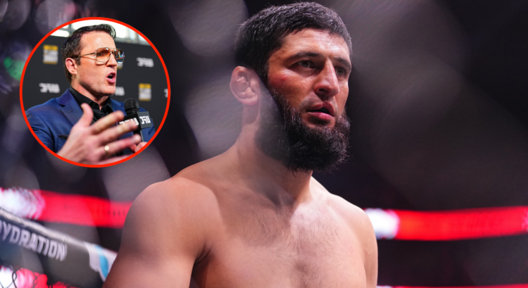 Khamzat Chimaev enters the Octagon for his fight at UFC 308, inset Chael Sonnen on the UFC Hall of Fame red carpet