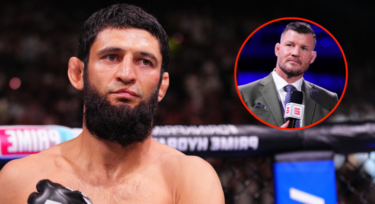 Khamzat Chimaev reacts during his intro for his fight at UFC 308 in Abu Dhabi, inset Michael Bisping cageside at UFC Seattle