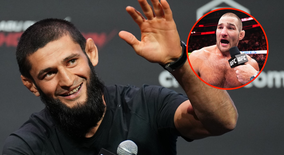 Khamzat Chimaev appears at the UFC 294 press conference, inset Sean Strickland after defeating Paulo Costa at UFC 302