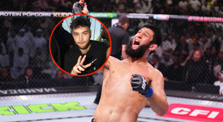 Khamzat Chimaev celebrates a win in the octagon (main). Adin Ross throws up a peace hand sign (bubble)