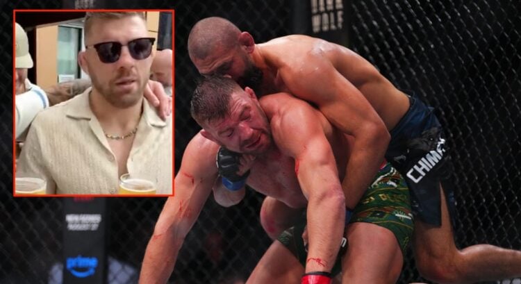 Khamzat Chimaev wresltes Dricus du Plessis at UFC 319, inset screenshot of Dricus du Plessis at his afterparty.