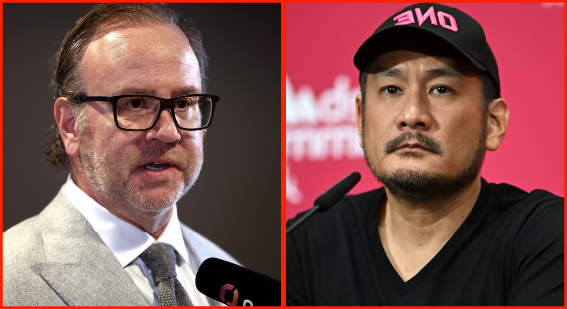 PFL co-founder Donn Davis speaks at a business summitt, opposite ONE Championship's Chatri Sityodtong at a press conference