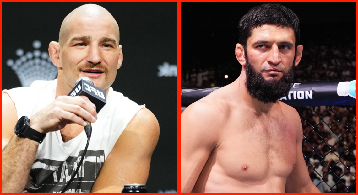 Sean Strickland answers a question at the UFC 312 press conference, opposite Khamzat Chimaev entering the cage at UFC 308
