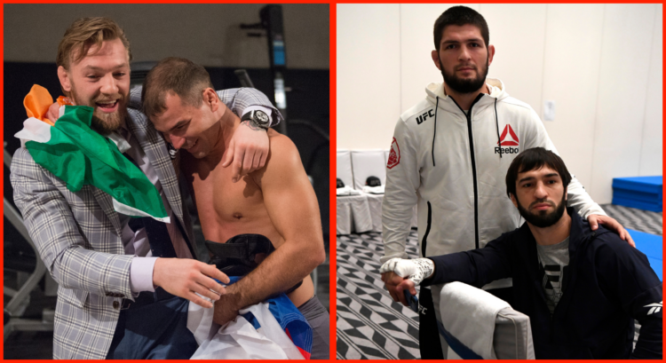 Conor McGregor hugs Artem Lobov after a fight (left). Khabib Nurmagomedov prepares Zubaira Tukhugov before a fight (right)