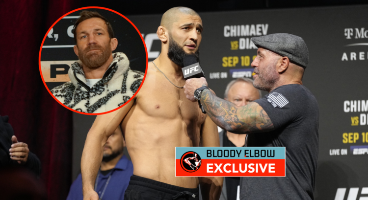 Joe Rogan interviews Khamzat Chimaev, with bubble showing Luke Rockhold. Overlay text reads BLOODY ELBOW EXCLUSIVE