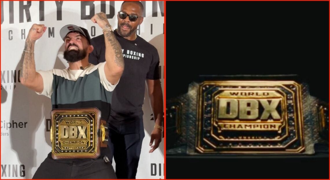 Mike Perry and Jon Jones debut Dirty Boxing belt, close-up of the heavyweight title