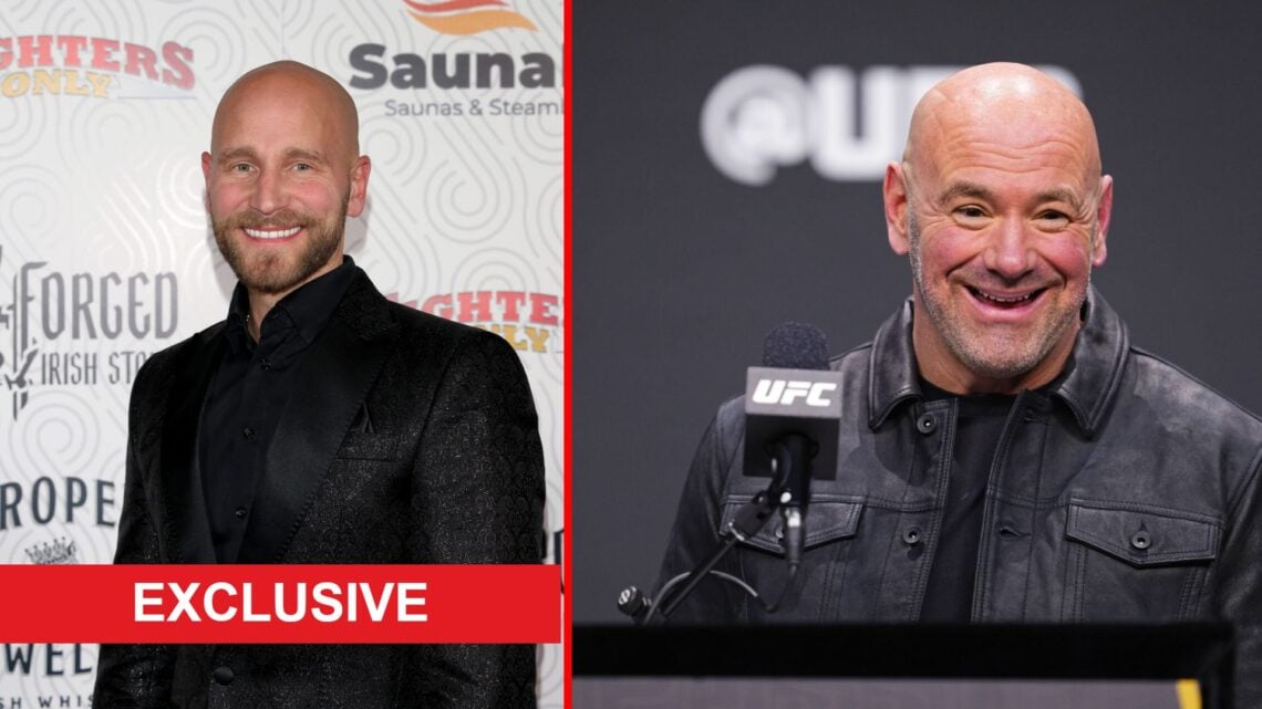 Split image of Pavol Neruda at Fighters Only Awards and Dana White at a press conference with exclusive banner