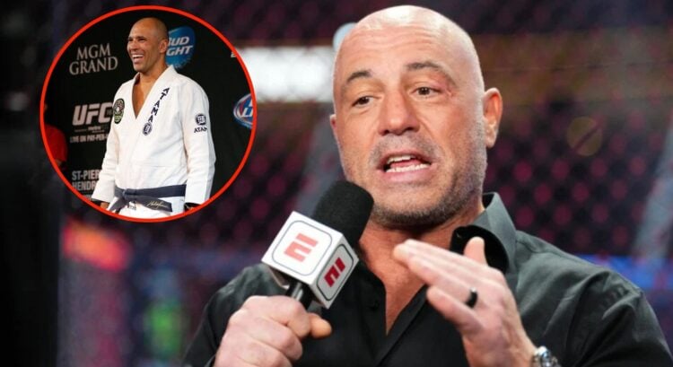 Joe Rogan speaks at UFC 290, inset of Royce Gracie wearing a Gi and black belt