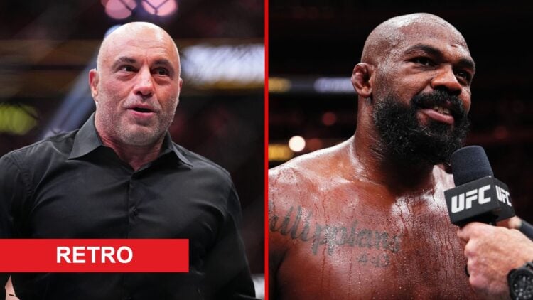 Split image of Joe Rogan in the cage and Jon Jones being interviewed with retro label
