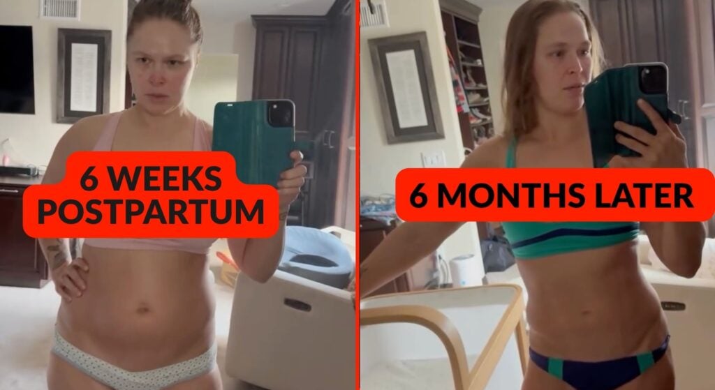 Split image of Ronda Rousey before and after her 2025 body transformation