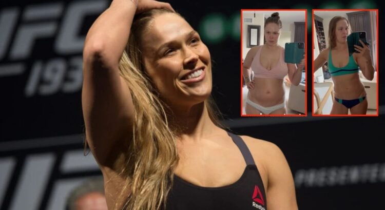 Ronda Rousey at the UFC 193 weigh-in, inset screenshots of her six-month body transformation