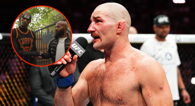 Sean Strickland gives a speech into a UFC microphone while bloodied after a fight. Bubble shows Death Sentence and Demetrious Johnson shaking hands