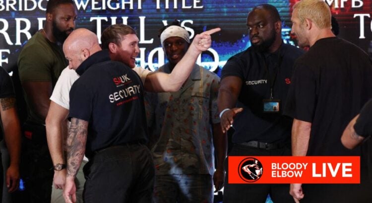Darren Till gestures at Luke Rockhold ahead of their Misfits 22 main event, inset BE LIVE label