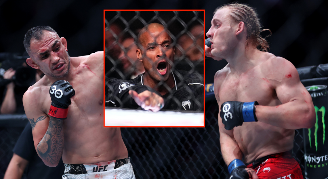 Tony Ferguson punches Paddy Pimblett with a block showing David Goggins in his corner
