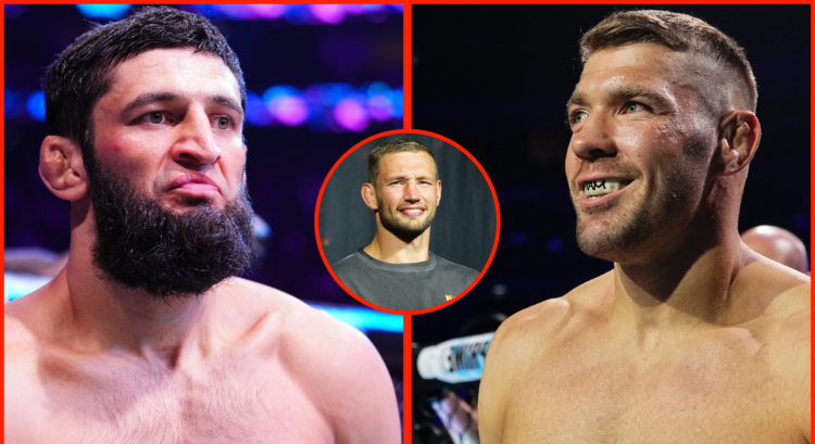 Khamzat Chimaev enters the cage at UFC 308, opposite Dricus du Plessis in the cage at UFC 312, inset Reinier de Ridder at the UFC 311 press conference