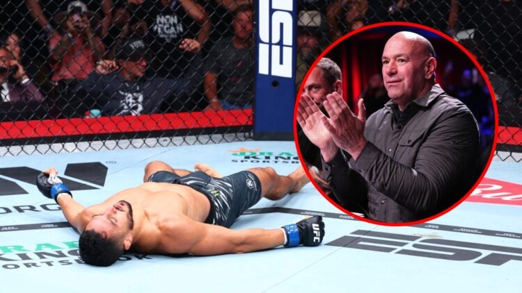 Main: Aaron Pico out cold on the floor after being knocked out by Lerone Murphy at UFC 319. Inset: Dana White claps while sat cageside during a fig...