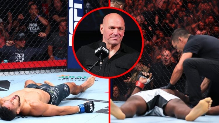 Aaron Pico out cold after being knocked out by Lerone Murphy, Geoff Neal on the floor after being knocked out by Carlos Prates, inset Dana White on...