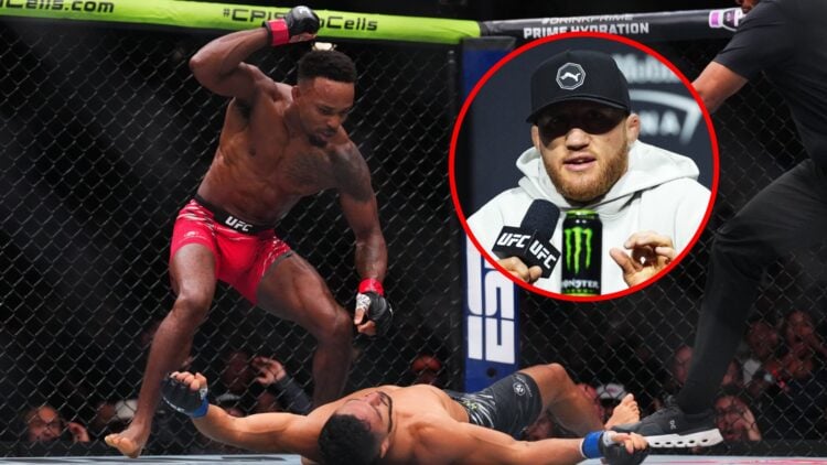 Main: Lerone Murphy stands over Aaron Pico throwing a punch to his unconscious body at UFC 319. Inset: Justin Gaethje speaks on stage at the UFC 31...