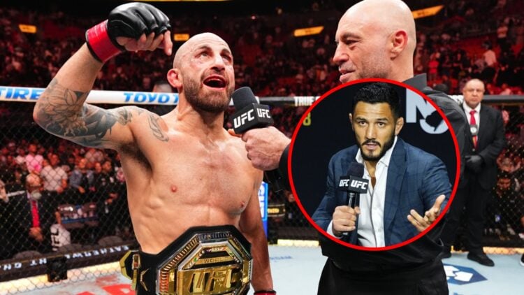 Main: Alexander Volkanovski speaks with Joe Rogan after his title win at UFC 314. Inset: Aaron Pico interacts with fans doing a Q&A during UFC 316 ...
