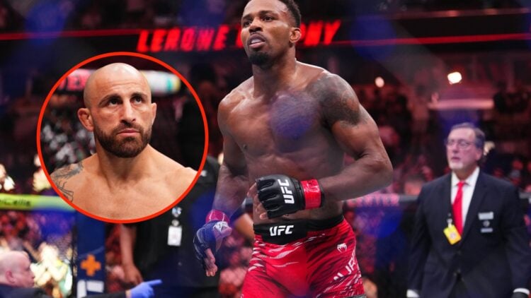 Insert: Alexander Volkanovski in the Octagon ahead of his featherweight title fight with Diego Lopes at UFC 314. Center: Lerone Murphy celebrates a...