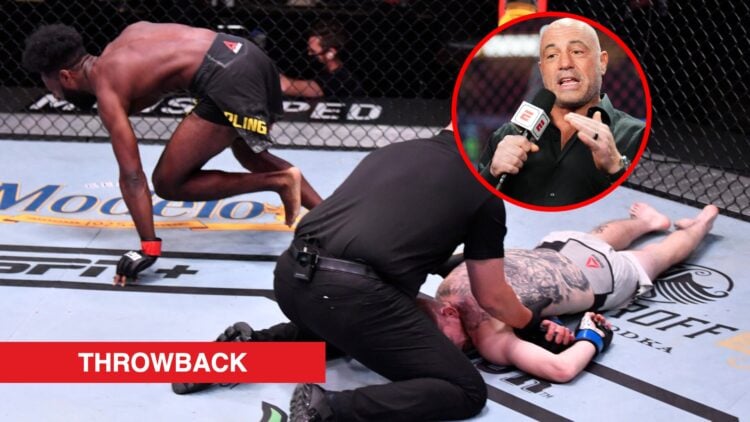 Main: Aljamain Sterling celebrates after submitting Cory Sandhagen in their fight at UFC 250. Inset Joe Rogan speaks on commentary during the UFC 2...