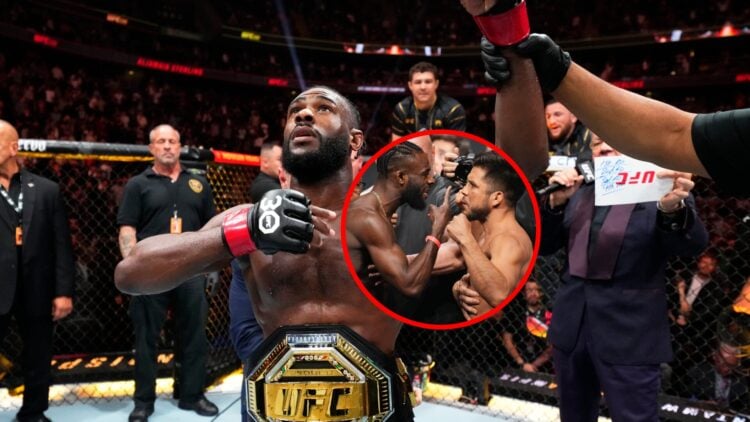 Aljamain Sterling getting his hand raised in the main event of UFC 288, inset of Sterling facing off with Henry Cejudo at UFC 288 weigh-ins
