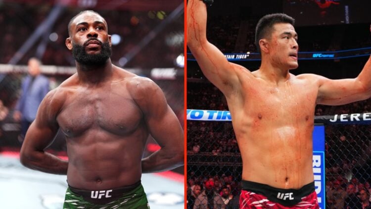 Image of Aljamain Sterling preparing to fight at UFC 310 and Zhang Mingyang celebrates his win over Anthony Smith