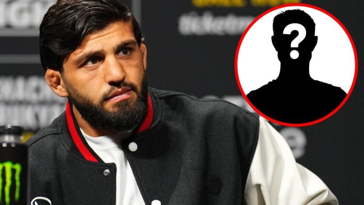 Arman Tsarukyan on stage at the UFC 311 press conference, inset mystery icon