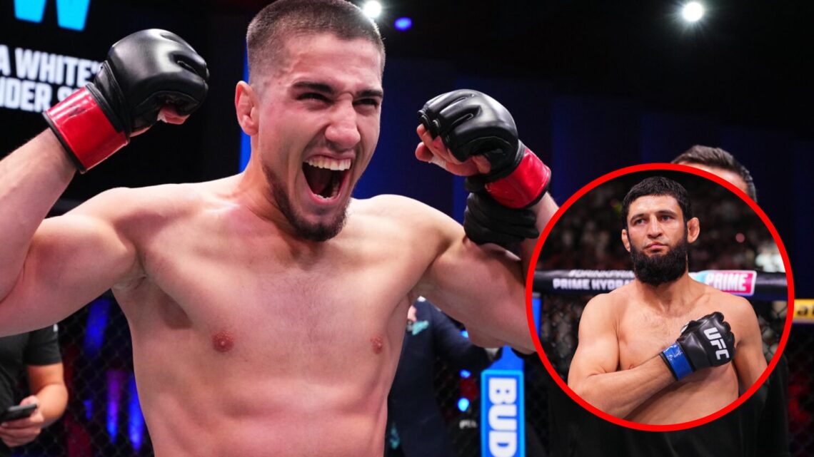Baysangur Susurkaev celebrates after beating Murtaza Talha on Dana White's Contender Series, inset Khamzat Chimaev prepares to face Robert Whittake...
